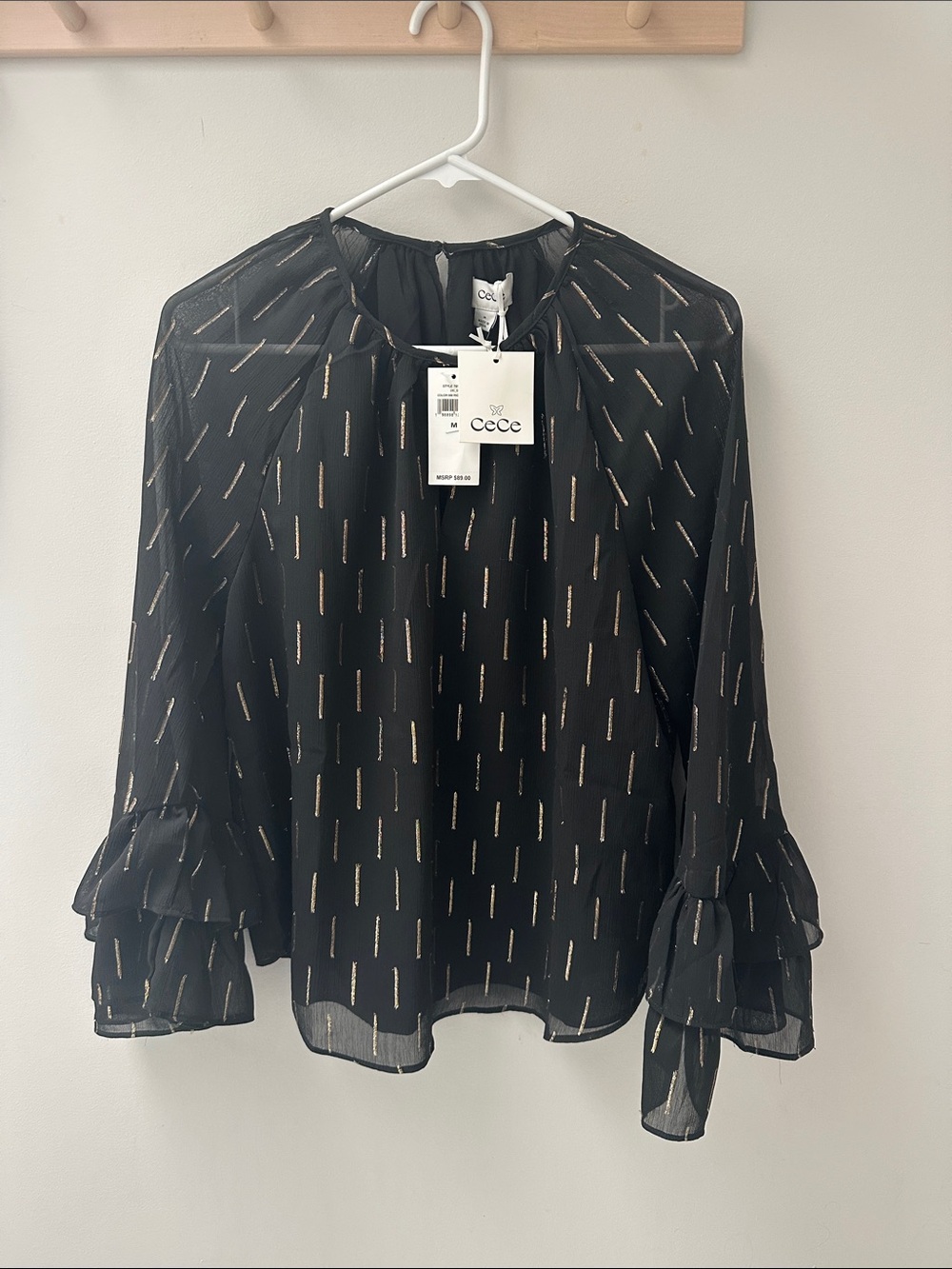 CeCe Black Sheer Blouse with Gold Metallic Dashes
